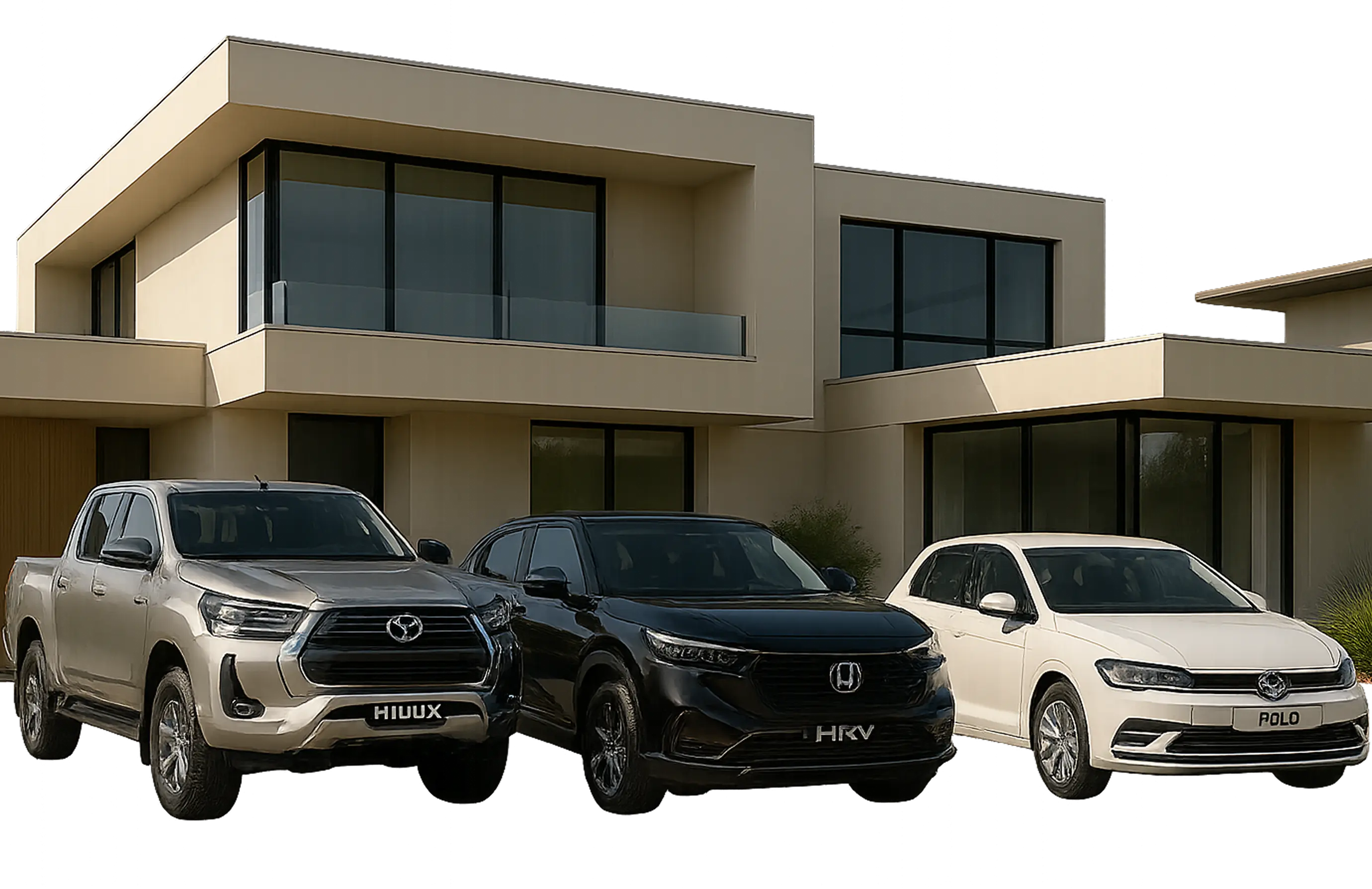 Carros de luxo em frente a casa moderna - Toyota Hilux, Honda HR-V e Volkswagen Polo